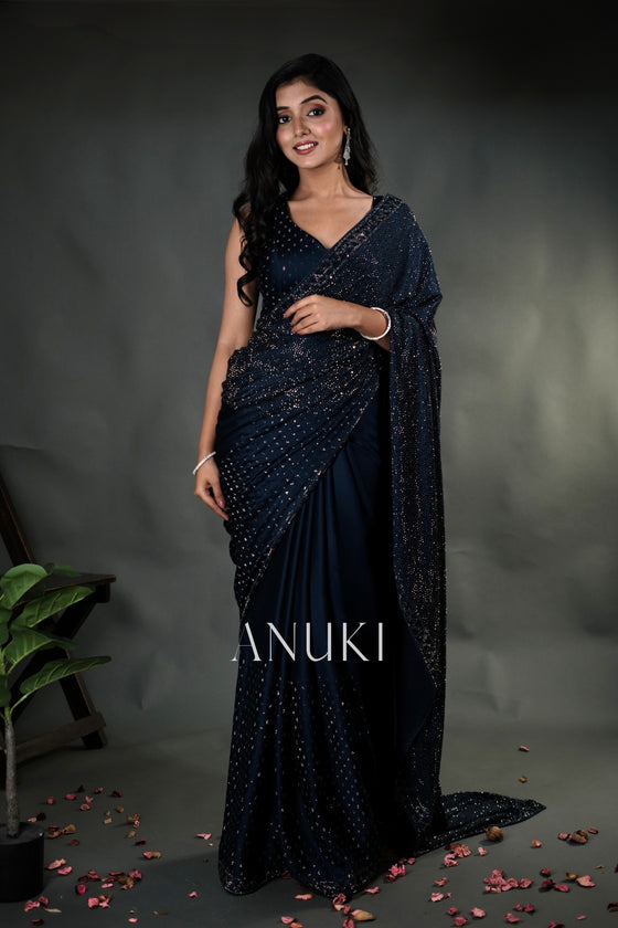Teal Blue Swarovski Satin Silk Designer Saree