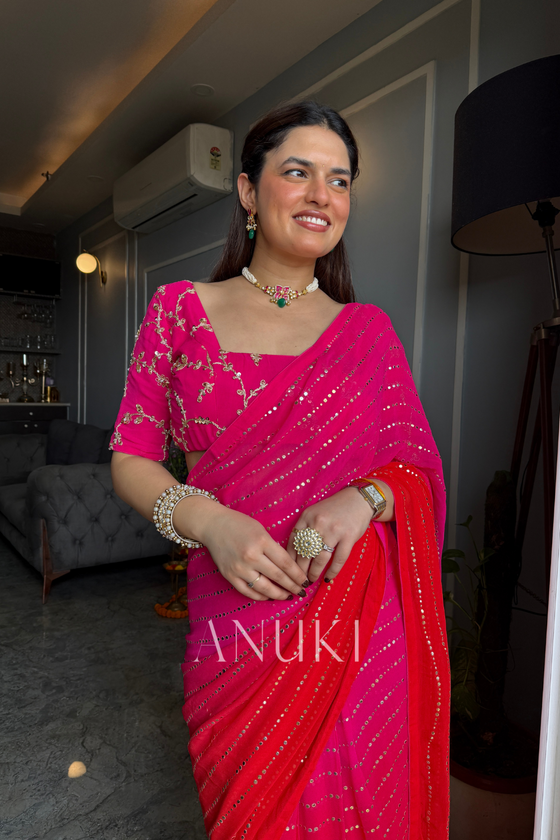 Ruhani Pink Orange Ombre Georgette Saree