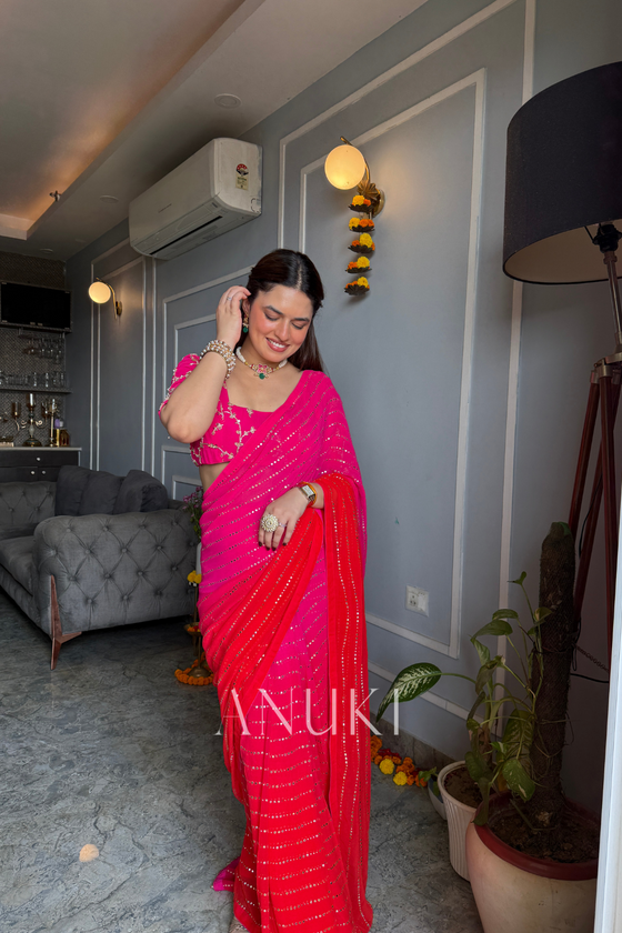 Ruhani Pink Orange Ombre Georgette Saree