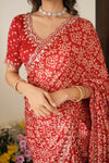 Red Satin Ajrak Printed Saree With Scallop Embroidered Border