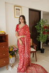 Red Satin Ajrak Printed Saree With Scallop Embroidered Border