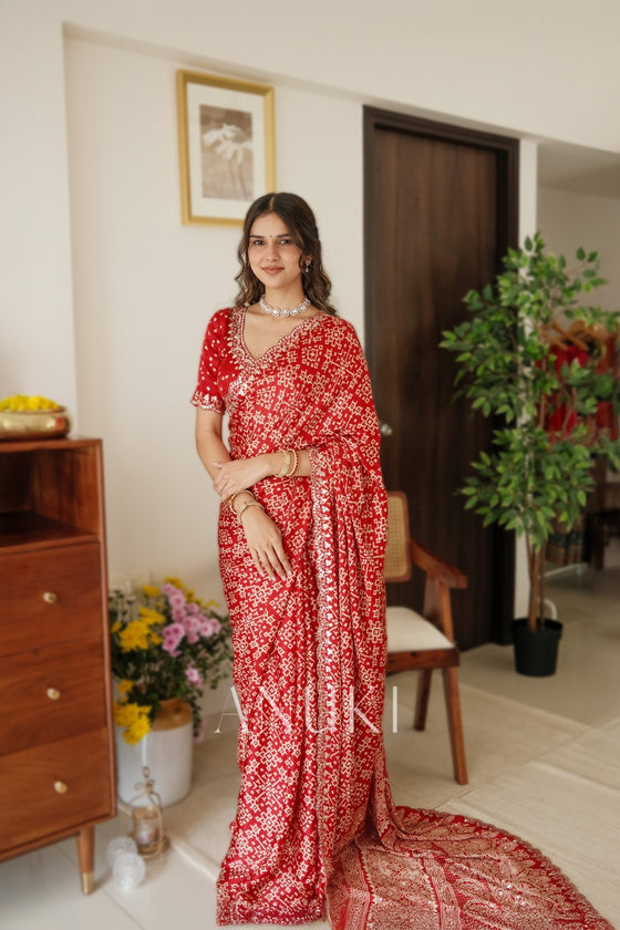 Red Satin Ajrak Printed Saree With Scallop Embroidered Border