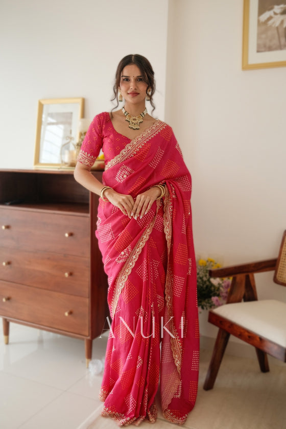 Rooh Gulabi Bandhej Saree With Scallop Embroidered Border