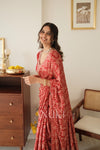 Red Satin Ajrak Printed Saree With Scallop Embroidered Border
