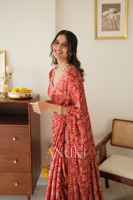 Red Satin Ajrak Printed Saree With Scallop Embroidered Border