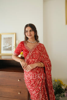  Red Satin Ajrak Printed Saree With Scallop Embroidered Border