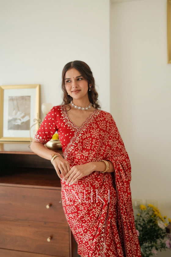 Red Satin Ajrak Printed Saree With Scallop Embroidered Border