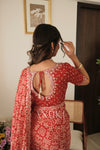 Red Satin Ajrak Printed Saree With Scallop Embroidered Border