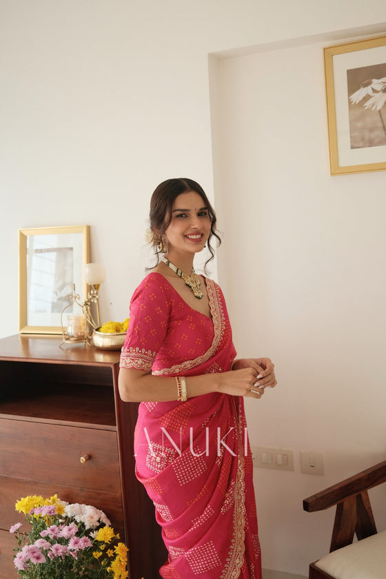 Rooh Gulabi Bandhej Saree With Scallop Embroidered Border