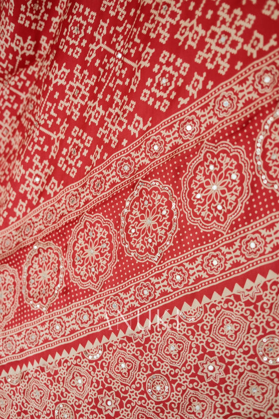 Red Satin Ajrak Printed Saree With Scallop Embroidered Border