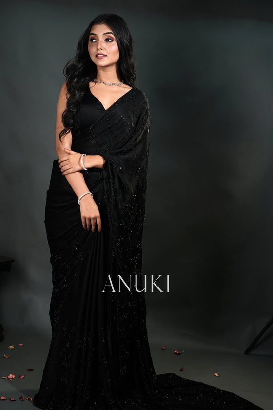 Black Swarovski Satin Silk Designer Saree