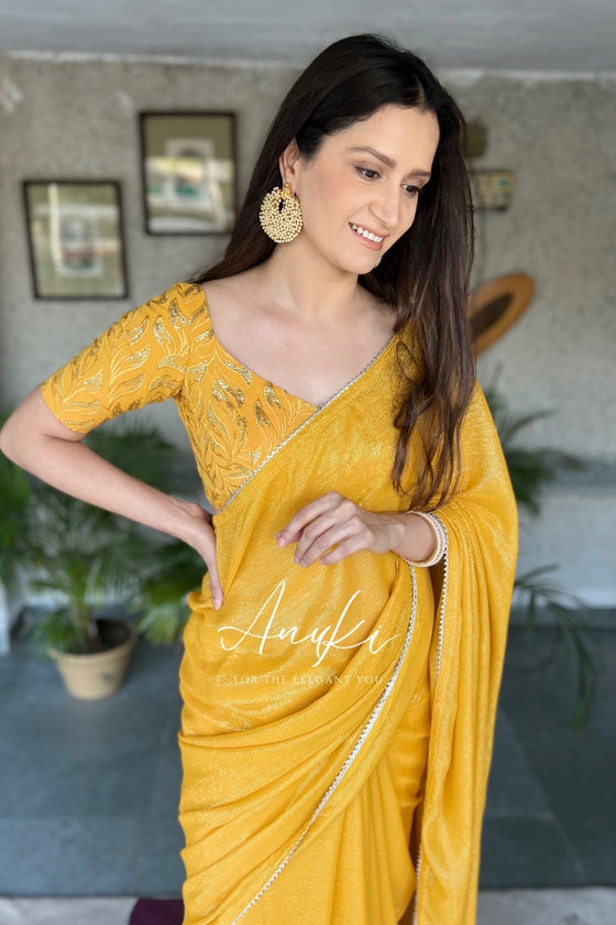 Yellow Cocktail Saree With Embroidered Blouse