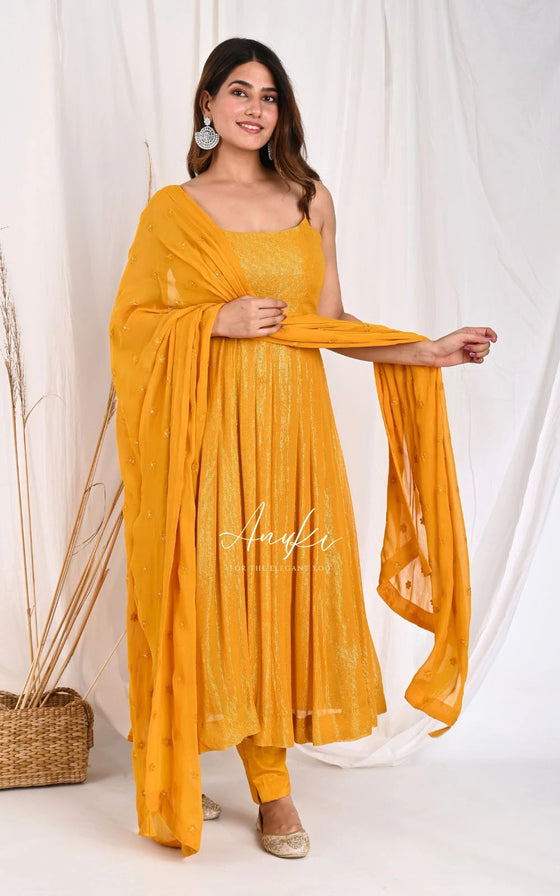 Elegant Yellow colored Heavy Embroidered Anarkali Set - Rent