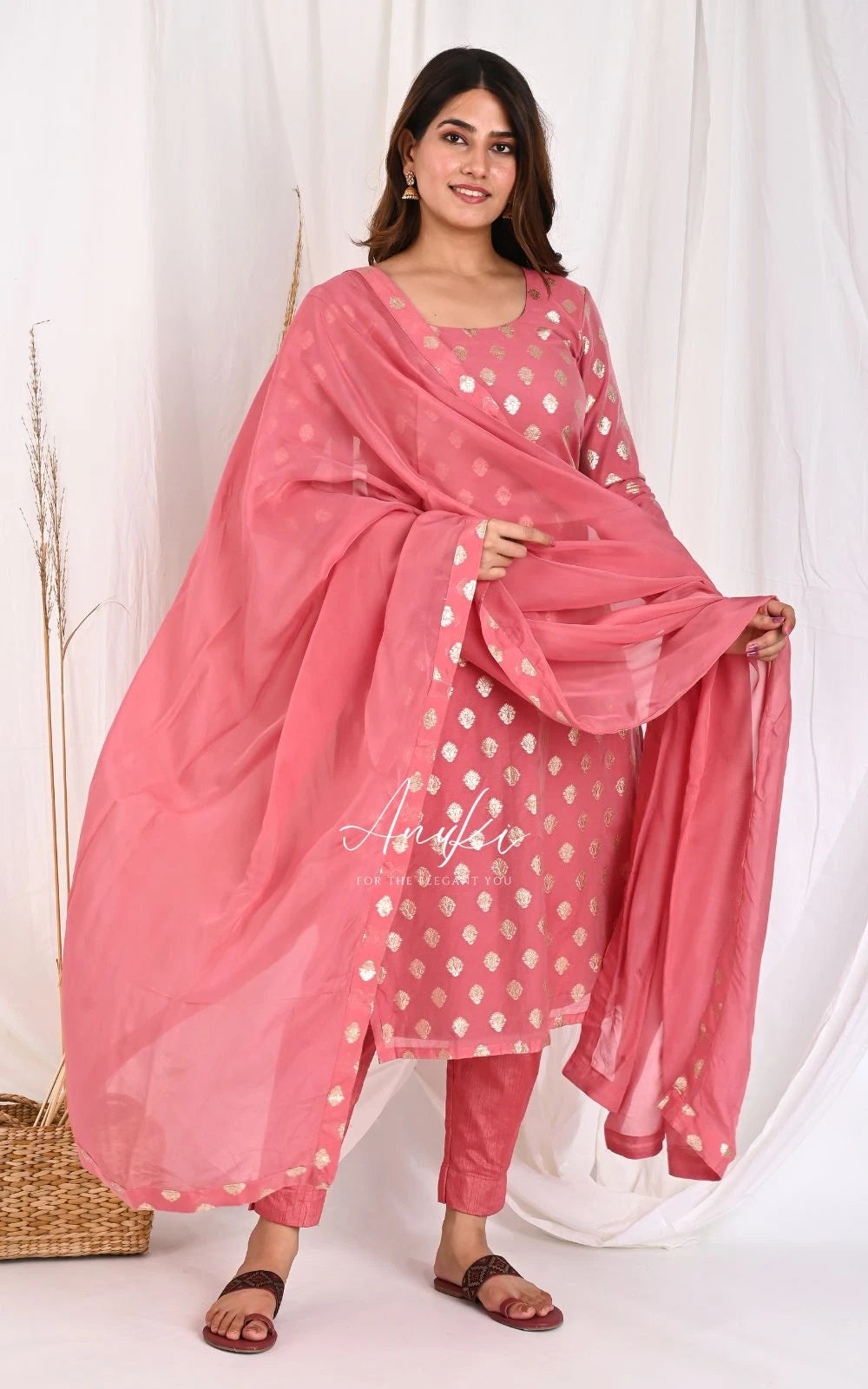 Salmon Pink Chanderi Kurta Set Anuki.in