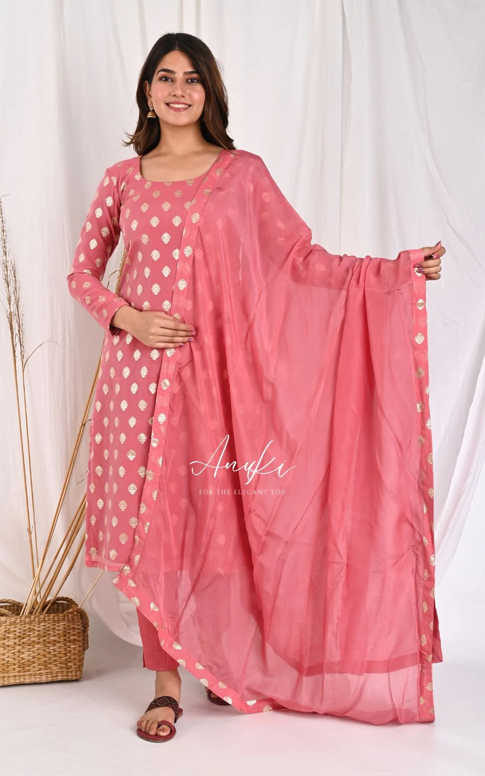 Salmon Pink Chanderi Kurta Set Anuki.in